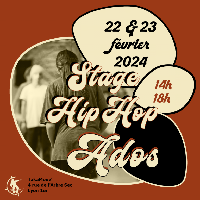 Comme à chaque vacances scolaires, TakaMouv' propose son stage de danse Hip Hop pour les adolescents à partir de 12 ans, les 22 et 23 février 2024, de 14h à 18h. Inscription en ligne sur le site www.takamouv.fr
